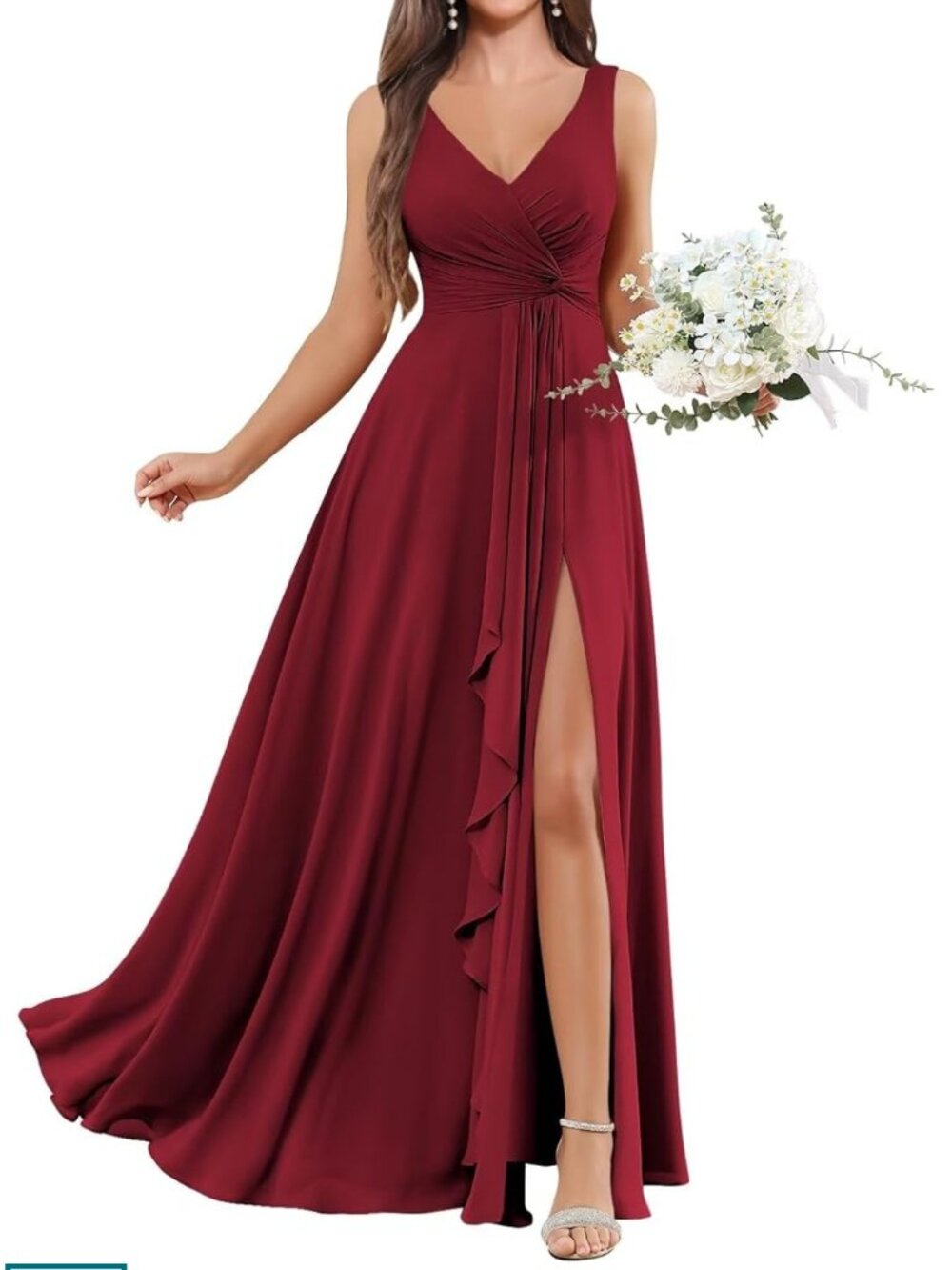 Long Red Chiffon Formal Dress with Pockets